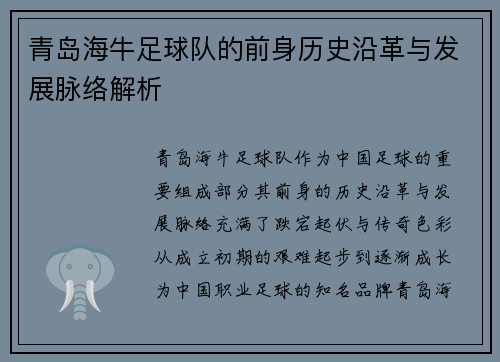 青岛海牛足球队的前身历史沿革与发展脉络解析 青岛海牛足球队的前身历史沿革与发展脉络解析