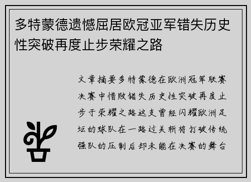 多特蒙德遗憾屈居欧冠亚军错失历史性突破再度止步荣耀之路 多特蒙德遗憾屈居欧冠亚军错失历史性突破再度止步荣耀之路